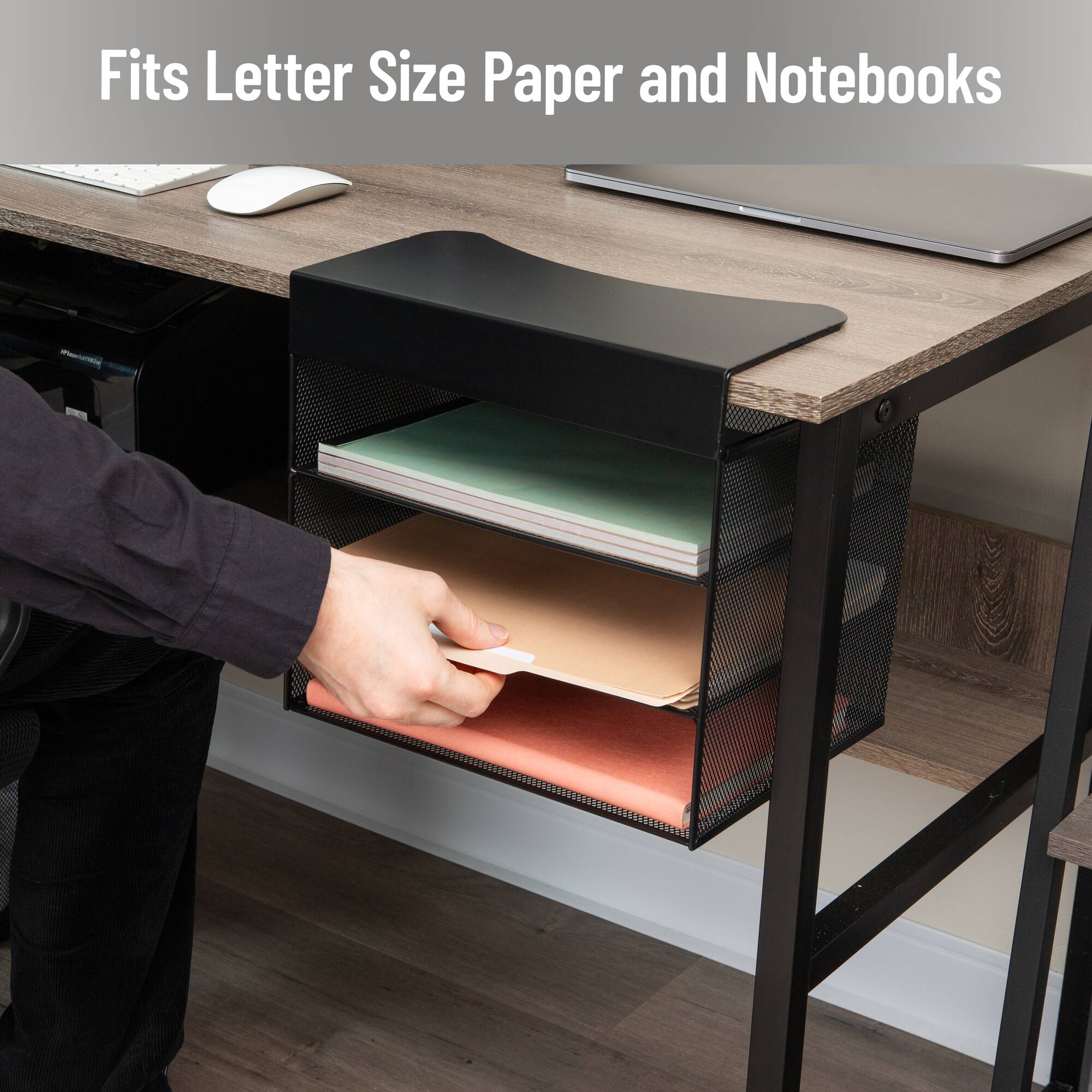 Mind Reader Slide-On Under Desk File Organizer, No Tools Required, Hanging Storage for Laptops, Folders, and Notebooks, Metal
